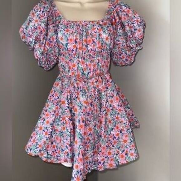 Altar'd State Womens Small Floral Puff Sleeve Smocked Mini Dress Flare Milk Maid - Picture 1 of 9
